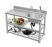 Lavandino a una vasca in acciaio inox, lavello di servizio a libera installazione, lavello da cucina per ristoranti commerciali, con banco di lavoro e ripiani di stoccaggio(120cm/47in,右)