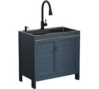 Lavandino autoportante in acciaio inox con armadietto, stazione di lavaggio a mano nera per garage, cantina, negozio e lavanderia, 72 x 45 x 75 cm