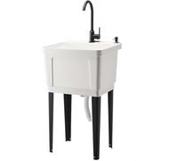 Lavandino autoportante in plastica resistente con rubinetto girevole e dispenser di sapone, grande stazione di lavaggio e drenaggio per lavanderia, cantina, garage (colore: bianco)
