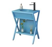 Lavandino colorato con piedistallo - Vanità da bagno indipendente con rubinetto, mensola aperta, struttura in metallo, gambe di supporto, design moderno, colore: blu, lavabo a console per bagni