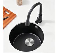 Lavandino Cucina Nero Ad Angolo Arrotondato, Lavello Cucina 1 Vasca in Quarzo con Rubinetto Estraibile e Accessori Multipli per Cucina Moderna(46cm/18.1in)