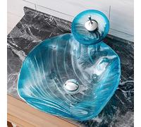 Lavandino Da Appoggio For Bagno, Installazione Sopra Il Piano, Lavabo Artistico In Vetro Temperato Con Rubinetto, Facile Da Pulire, Lavabo Retrò For Lavandini Da Consolle Di Hotel(Blue A)