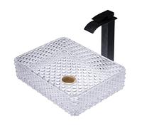 Lavandino da appoggio per Bagno, lavabo Artistico in Cristallo temperato con Rubinetto a Cascata Nero, lavabo da appoggio sopra Il Piano con Scarico a Scomparsa,Black