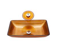 Lavandino da appoggio per Bagno, lavabo da appoggio in Vetro temperato da 22", lavabo Rettangolare Arancione Artistico da appoggio con Rubinetto a Cascata e Scarico a Scomparsa