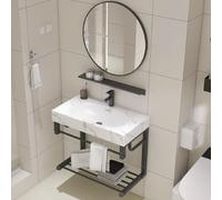 Lavandino Da Bagno A Parete Con Staffa In Acciaio Inossidabile, Lavandino Indipendente In Ceramica Salvaspazio Con Rubinetto For Piccoli Servizi Igienici(White B,50x49x36cm)