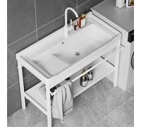 Lavandino da Bagno Indipendente con Gambe in Metallo in Acciaio Inox, Ripiano Portaoggetti Nero, Lavandini con Scolapiatti, Tubo dell'Acqua, Valvola Angolare, Adatto per Ba, One Color, 101 * 48