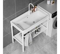 Lavandino da Bagno Indipendente con Gambe in Metallo in Acciaio Inox, Ripiano Portaoggetti Nero, Lavandini con Scolapiatti, Tubo dell'Acqua, Valvola Angolare, Adatto per Ba, One Color, 91 * 48