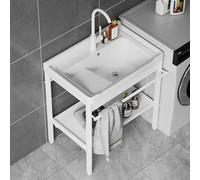 Lavandino da Bagno Indipendente con Gambe in Metallo in Acciaio Inox, Ripiano Portaoggetti Nero, Lavandini con Scolapiatti, Tubo dell'Acqua, Valvola Angolare, Adatto per Ba, One Color, 71 * 48