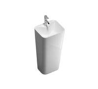 Lavandino da bagno moderno in ceramica bianca, lavabo monoblocco con piedistallo, rubinetto argentato e kit di scarico