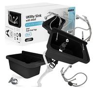 Lavandino da Camera Lavabo Commerciale Industriale Profondo Esterno Giardino Garage Lavanderia 60 x 34 x 21 cm Nero con Ripiano Miscelatore Doccetta Estraibile Polipropyleno