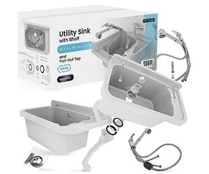 Lavandino da Camera Lavabo Commerciale Industriale Profondo Esterno Giardino Garage Lavanderia 60 x 34 x 21 cm Bianco con Ripiano Miscelatore Doccetta Estraibile Polipropyleno