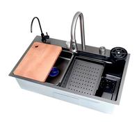 Lavandino da cucina a cascata 85 x 50 cm, con rubinetto estraibile, piccolo bacino, lavandino per tazze, set di scarico, lavello da cucina in acciaio inox, lavello singolo rivestito nano-rivestito