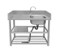 Lavandino da cucina commerciale con rubinetto, ripiani portaoggetti, banco da lavoro e scolapiatti per uso ristorante