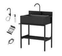 Lavandino da Esterno in Acciaio Inox,Lavello da Cucina Portatile con Mobile,Lavabo Nero da Giardino 1 vasche Autoportante,con Rubinetti Freddi e Caldi,per Lavanderia,Ristorante,Commerciale(96x51x94cm)