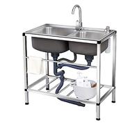 Lavandino di servizio con rubinetto, profondità della vasca principale 22 cm, moderno lavabo doppio in acciaio inossidabile spesso(80x43x75cm)