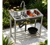 Lavandino esterno indipendente - 78x43x82cm Lavello da cucina commerciale in acciaio inox a doppia vascacon rubinetto caldo/freddo - Lavabo Multifunzione Mobile - per Garage,Campeggio