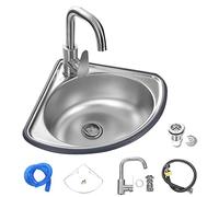 Lavandino In Acciaio Inox Angolo Triangolare con Rubinetto e Tubo di Ingresso - Lavello Singolo Piccolo per Cucina