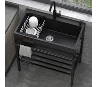 Lavandino in Acciaio Inox Professionale 1 Vasca,60x45x86cm Lavello Nero Multifunzione Cucina,Lavatoio da Esterno Autoportante,Lavabo Commerciale con Rubinetto,per Interno Ristorante Caffè Garage