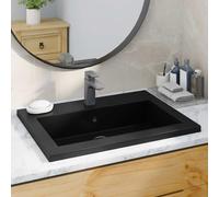 Lavandino in Granito Nero 600x450x120 mm con Troppopieno e Foro Rubinetto 35 mm, Lavabo da Appoggio per Bagno Moderno, Materiale Durevole Quarzo Resina, Design Funzionale