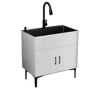 Lavandino rettangolare autoportante moderno in acciaio inossidabile con armadio, 68 x 45 x 78 cm, bianco, 1 foro, filtro a cestello, rubinetto estraibile, capacità di carico 100 kg