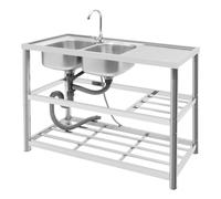 Lavandino verticale in acciaio inox, 2 vasche portatile, integrato, carico di 100 kg, lavandino autoportante, set con rubinetto per acqua fredda a 360°, per esterni e interni, 120 x 45 x 80 cm
