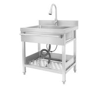 Lavando in acciaio inossidabile a libera installazione, lavello singolo lavello da cucina rettangolare con piedistallo, lavello mobile per cucina, garage, esterno (Argento, 76x56x90 cm)