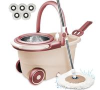Lavapavimenti Mop Rotante, Roto Mocio in Microfibra con strizzatura automatica a centrifuga 360° secchio strizzatore flessibile, 5 Testine Sostitutive, Dispenser per detergente (Rosso)