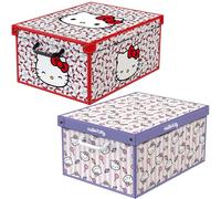 Lavatelli Set 2 pezzi Hello Kitty Scatole armadio in cartone, organizer scatole per vestiti e biancheria, per guardaroba e cambio stagione, 49x40x24 cm, 1 box a tema rosso, 1 box viola, con coperchio