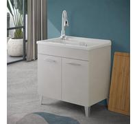 Inbagno Lavatoio con mobile 80x50 cm grigio calce con 2 ante, vaschetta in resina con piletta e sifone incluso, MOON