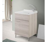 Lavatoio con mobile e vasca in Resina resistente agli acidi, Completo di ASSE di Lavaggio e Kit sifone + piletta (50x50 cm 1 Anta, Rovere Grigio)