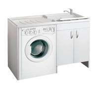 Lavatoio coprilavatrice a 2 ante in legno Bianco 124x60 e vasca in plastica DX