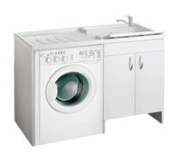 Lavatoio coprilavatrice a 2 ante in legno Bianco 124x60 e vasca in plastica (Vasca a Destra)