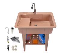 Lavatoio da Esterno in Resina con Asse da Bucato, Lavatoio Lavanderia Indipendenti con Rubinetto, Valvole e Tubo di Scarico, Portante 200 Kg, per Lavanderia, Cantina, Garage(Beige,80 * 56 * 80cm)