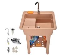 Lavatoio da Esterno in Resina con Asse da Bucato, Lavatoio Lavanderia Indipendenti con Rubinetto, Valvole e Tubo di Scarico, Portante 200 Kg, per Lavanderia, Cantina, Garage(Beige,65 * 56 * 80cm)