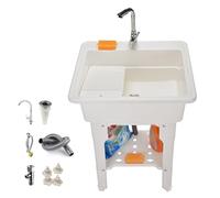 Lavatoio da Esterno in Resina con Asse da Bucato, Lavatoio Lavanderia Indipendenti con Rubinetto, Valvole e Tubo di Scarico, Portante 200 Kg, per Lavanderia, Cantina, Garage(White,65 * 56 * 80cm)