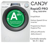 LAVATRICE 10 KG 1600 GIRI A-20% RAPIDO' PRO VAPORE INVERTER CANDY RP6106BWMR8-S. [EEK: A-20%]