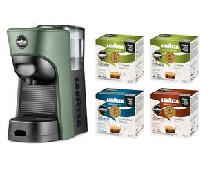 Lavazza, A Modo Mio Macchina per Caffè Tiny Verde con 64 Capsule ¡Tierra! Assortite, Macchina per Espresso in Plastica Riciclata, 1450 W, 220-240 V, 50/60 Hz, 0.6 Litri