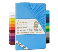 Lavea® Lenzuolo con Angoli Singolo 90x200 cm - Jersey 100% Cotone - Per Materassi Topper fino a 10 cm - Con Elastico Tutto Intorno - Certificato OEKO-TEX - Azzurro Cielo