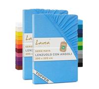 Lavea® Set 2 Lenzuola con Angoli King Size 200x220 cm - Jersey 100% Cotone - Per Materassi Topper fino a 10 cm - Con Elastico Tutto Intorno - Certificato OEKO-TEX - Blu Cielo