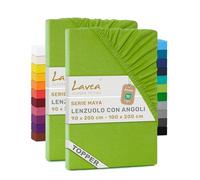 Lavea® Set 2 Lenzuola con Angoli Singolo 90x200 cm - Jersey 100% Cotone - Per Materassi Topper fino a 10 cm - Con Elastico Tutto Intorno - Certificato OEKO-TEX - Verde Mela