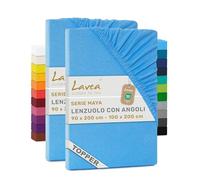 Lavea® Set 2 Lenzuola con Angoli Singolo 90x200 cm - Jersey 100% Cotone - Per Materassi Topper fino a 10 cm - Con Elastico Tutto Intorno - Certificato OEKO-TEX - Blu Cielo