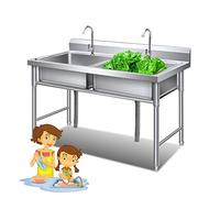 Lavelli a doppia vasca, lavello di servizio for esterni, lavelli da cucina commerciali in acciaio inossidabile con rubinetto e scolapiatti, stazione lavello esterna indipendente, for lavanderia/cortil