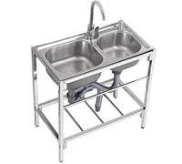 Lavelli da esterno con 2 vasche da cucina mobile, con rubinetto caldo per acqua fredda, dispositivo di scarico 304, in acciaio inox, per esterni, cucina, ristorante, officina, fattoria