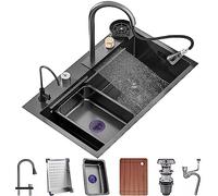 Lavello a Cascata a Ciotola Singola Lavello da Cucina in Acciaio Inossidabile Lavello da Cucina con Rivestimento Nano lavello con Rubinetto Estraibile e rondella a Tazza Set Completo di Accessori