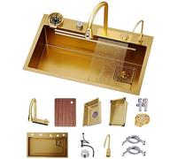 Lavello A Cascata D'oro Con Tre In Uno Rubinetto Estraibile Lavello A Cascata In Acciaio Inox Con Accessori Multi-funzionale Singola Ciotola Workstation Lavello Completo Accessorio Set ( Color : Gold