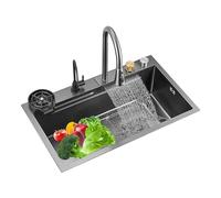 Lavello a cascata in acciaio inox 304 nero, lavello da cucina sottotop, lavello da incasso con una vasca, rubinetto estraibile Flying Rain, lavatrice e lavabo, for una lavanderia, lavello da bar moder