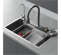 Lavello A Cascata in Acciaio Inox 304 Senza Ristagno, Lavello da Bar con Rubinetto Estraibile, Tagliere, Lavabicchieri, Lavastoviglie, Lavello Singolo, Grey a, 75x46cm