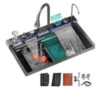 Lavello a cascata in acciaio inox grande vasca singola con rondella tazza nero per lavello da cucina display temperatura dell'acqua accessori completi (75 x 45 x 22 cm)