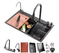 Lavello A Cascata, Lavello Da Cucina In Acciaio Inox Nero, Postazione Di Lavoro A Una Vasca Con Lavabicchieri, Cestello Di Scarico E Rubinetto Estraibile, Lavello Da Montare In Alto, Con Rivestimento