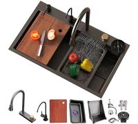 Lavello A Cascata, Lavello Da Cucina In Acciaio Inox Nero, Postazione Di Lavoro A Una Vasca Con Lavabicchieri, Cestello Di Scarico E Rubinetto Estraibile, Lavello Da Montare In Alto, Con Rivestimento